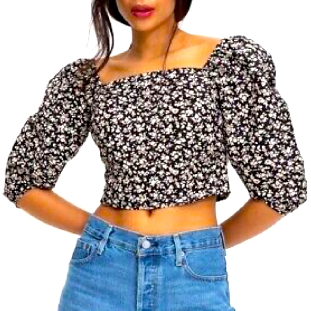 Leviβs Effortless Floral Black Puff Long Sleeve Cropped Statement Blouse Medium